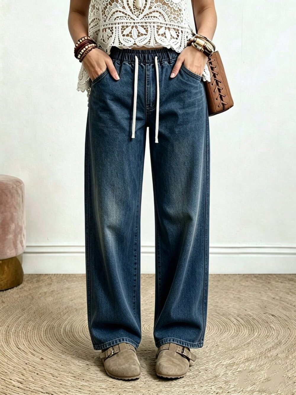 Navy Blue Casual Women's Loose-Fit Drawstring ElasticJeans